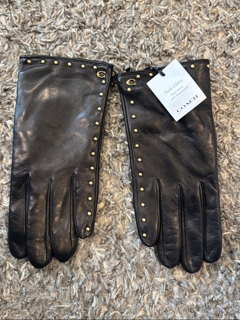 Coach Black Leather Gloves with Gold Stud Trim